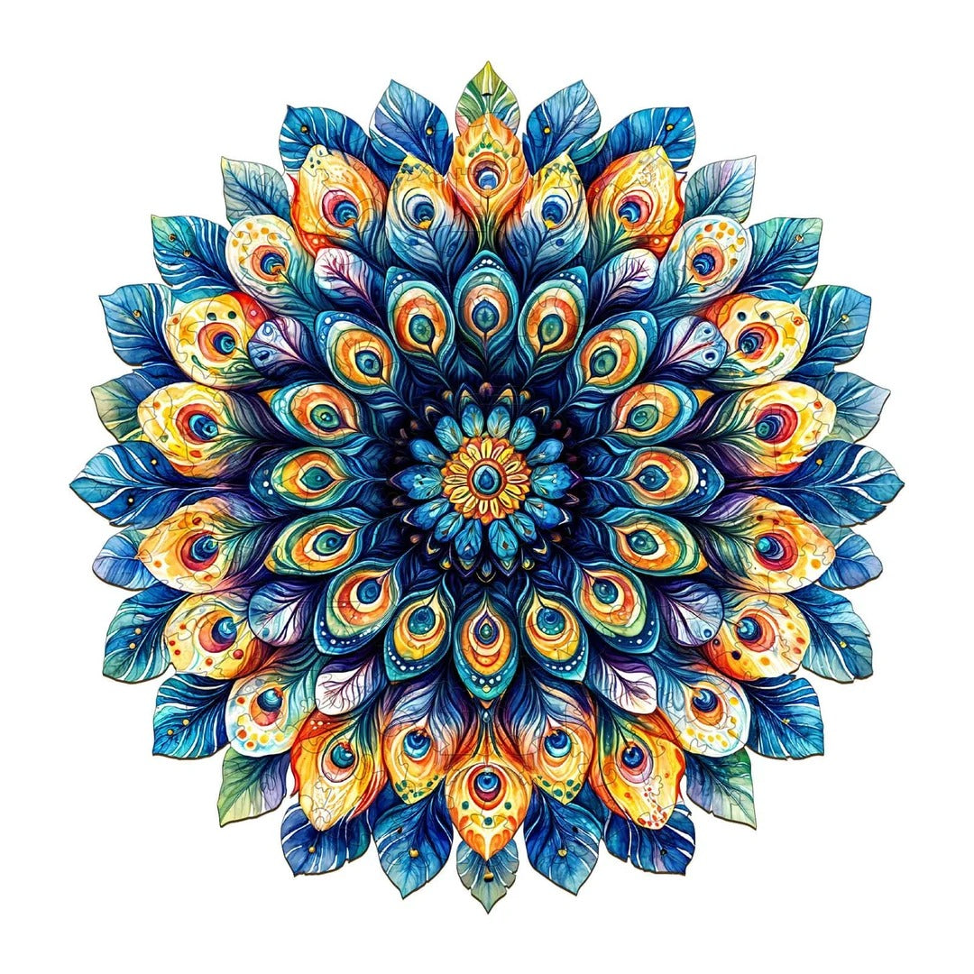 Whimsical Wooden Jigsaw Puzzle- Peacock Feather Mandala