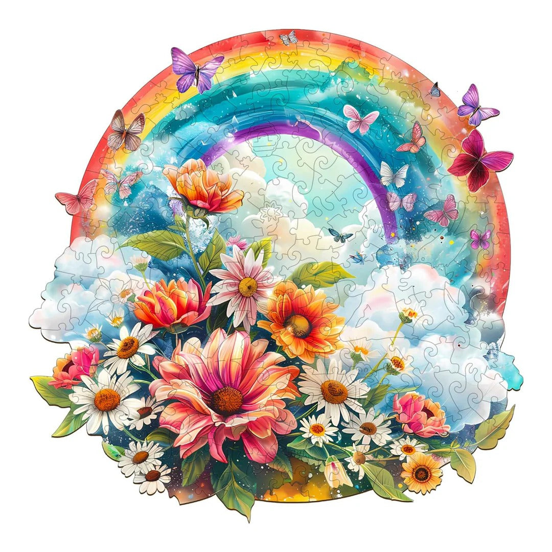 Whimsical Wooden Jigsaw Puzzle-Rainbow and Flowers