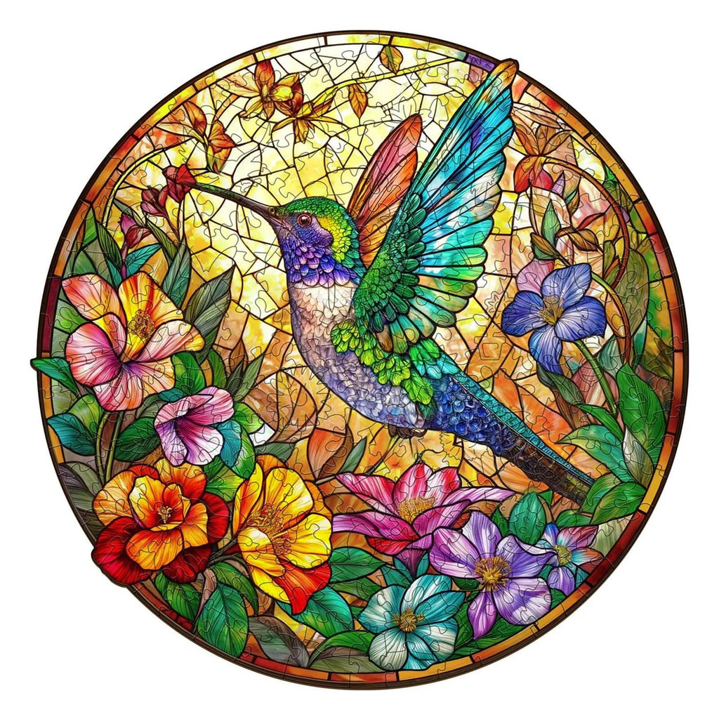 Whimsical Wooden Jigsaw Puzzle-Stained Glass Hummingbird
