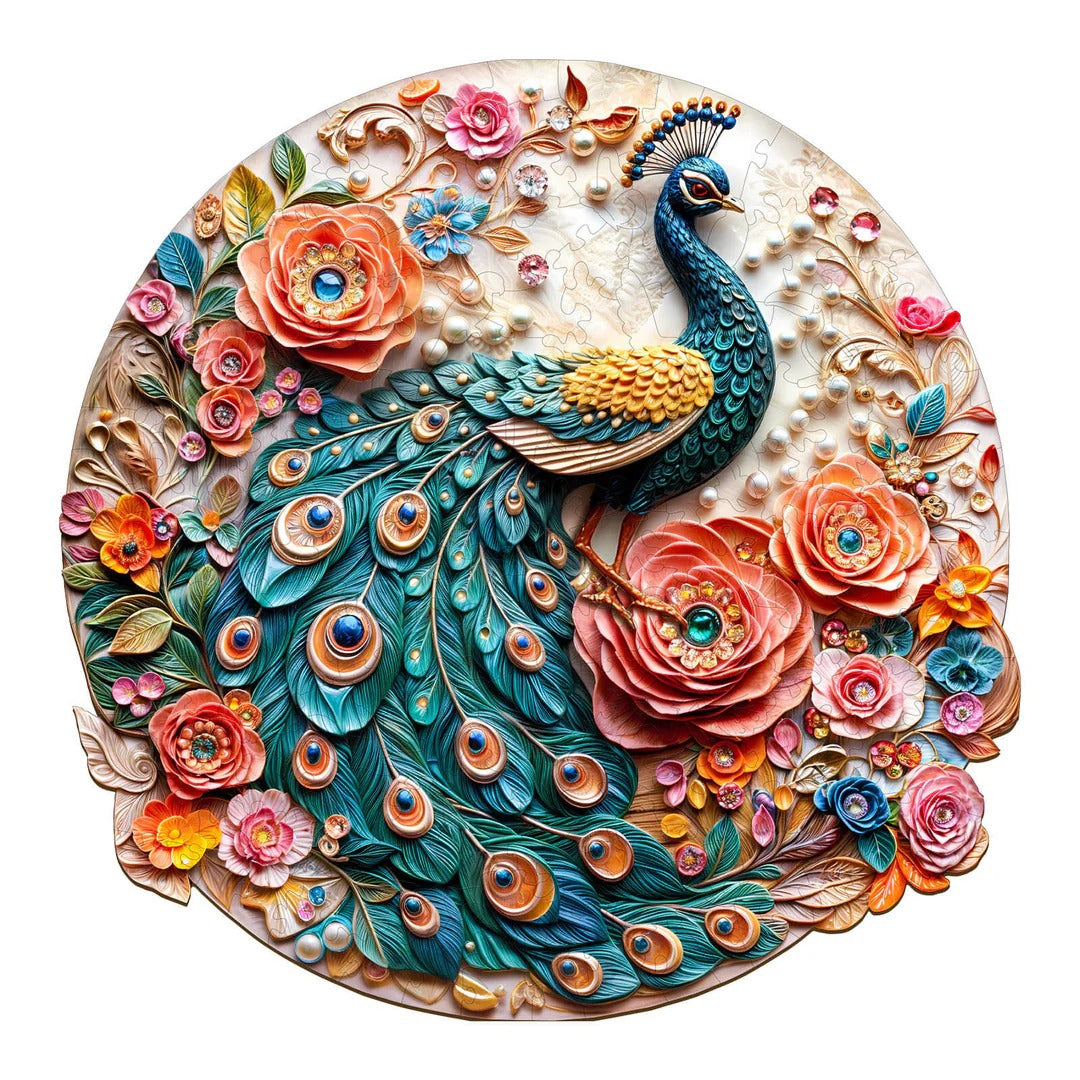 Whimsical Wooden Jigsaw Puzzle- Jewel Peacock Main image