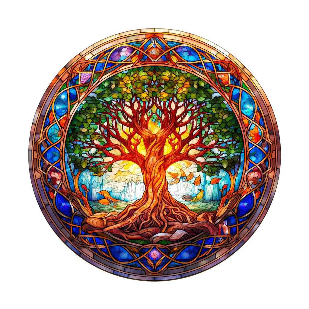 Whimsical Wooden Jigsaw Puzzle-Stained Glass Tree of Life