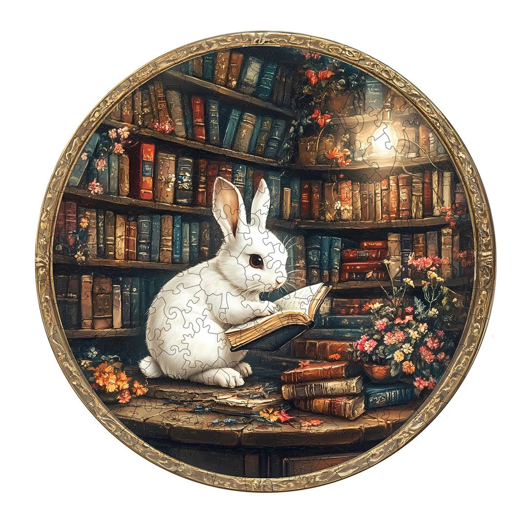 Whimsical Wooden Jigsaw Puzzle- Magic Library rabbit Main image