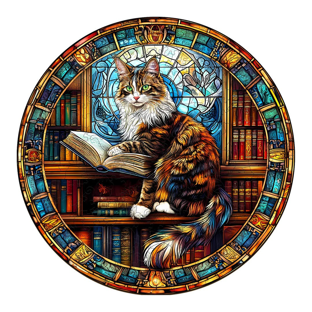 Whimsical Wooden Jigsaw Puzzle- The Maine Cat Library Main image