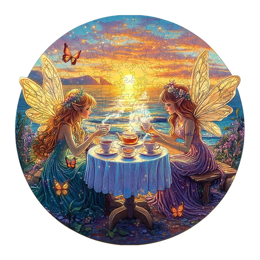 Whimsical Wooden Jigsaw Puzzle-fairy tea party