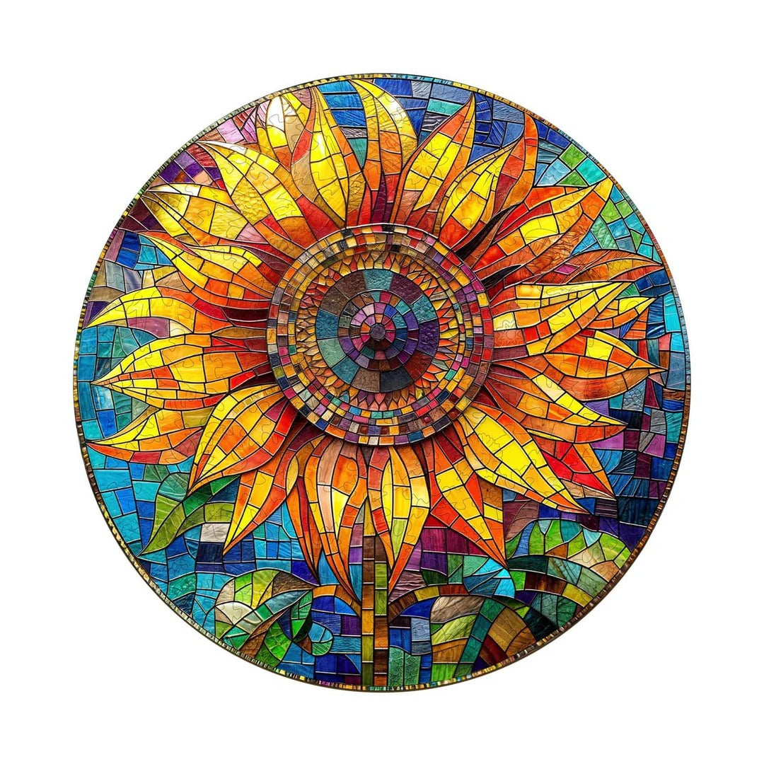 Whimsical Wooden Jigsaw Puzzle-Stained Glass Sunflower Main image