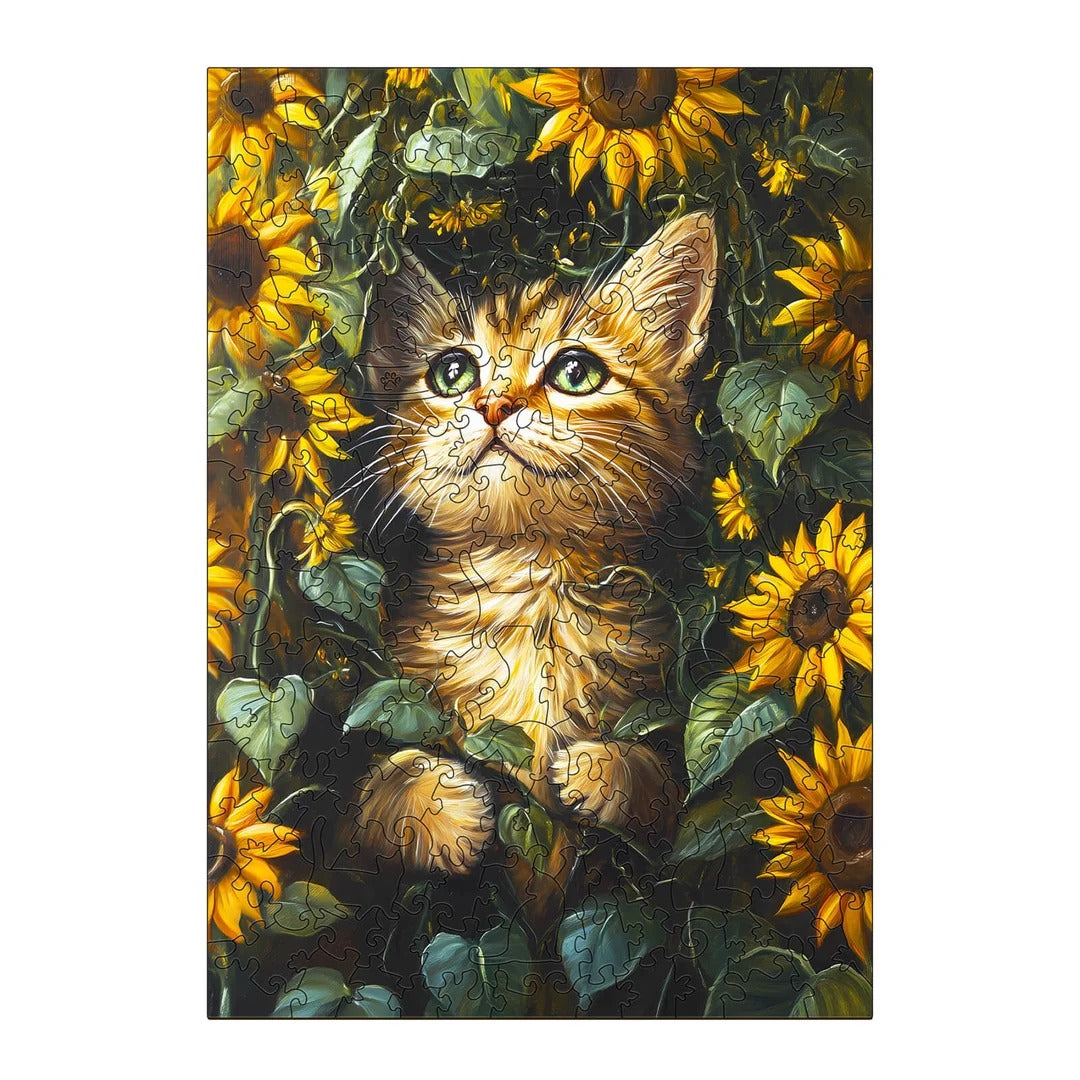 Whimsical Wooden Jigsaw Puzzle- Sunflower and Cat