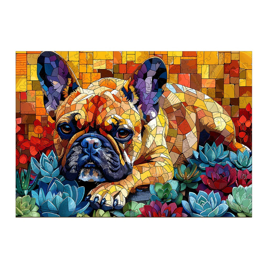 Whimsical Wooden Jigsaw Puzzle- Stained glass bulldog