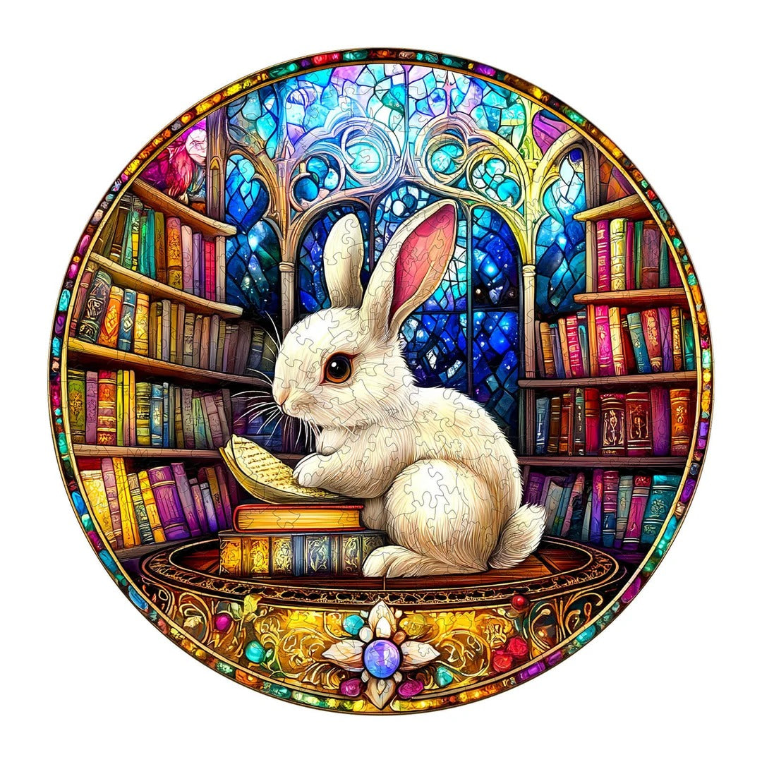 Whimsical Wooden Jigsaw Puzzle- Library Rabbit