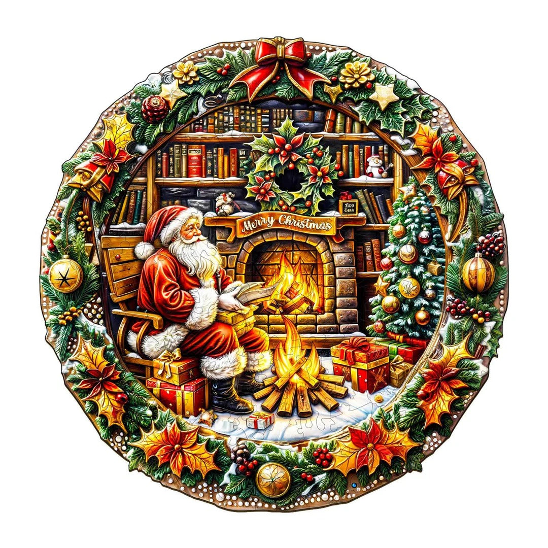 Whimsical Wooden Jigsaw Puzzle-Fireside Santa