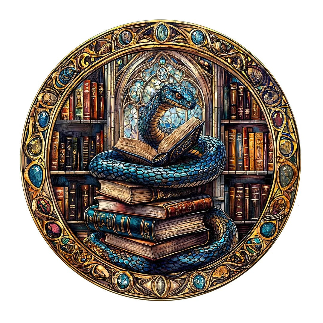 Whimsical Wooden Jigsaw Puzzle- Magic library snake Main image