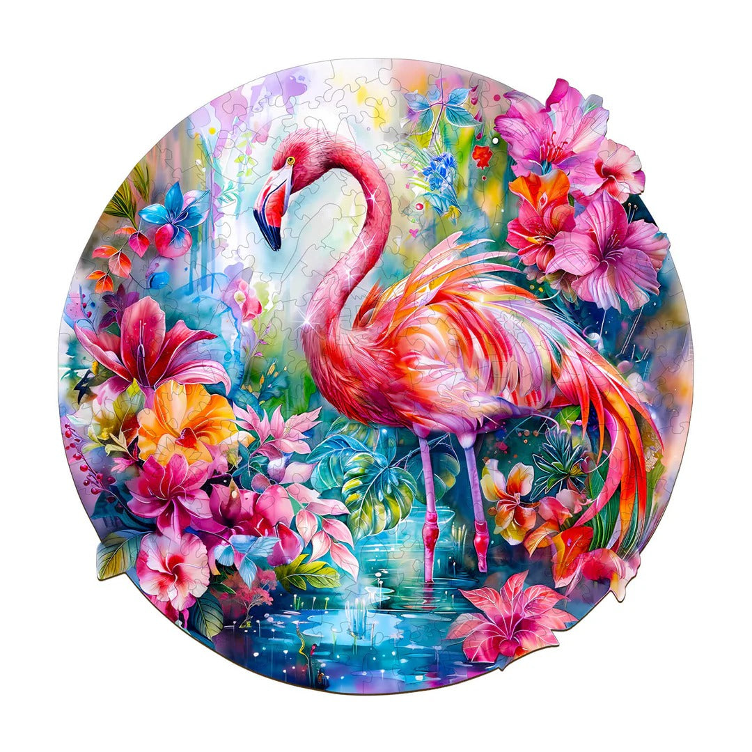 Whimsical Wooden Jigsaw Puzzle-Charming flamingo Main image