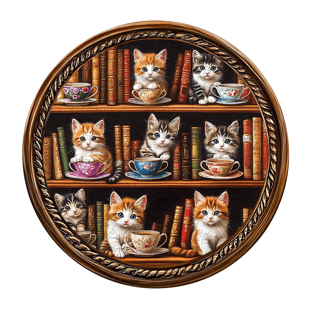 Puzzle en bois fantaisiste - Bibliothèque café pour chats