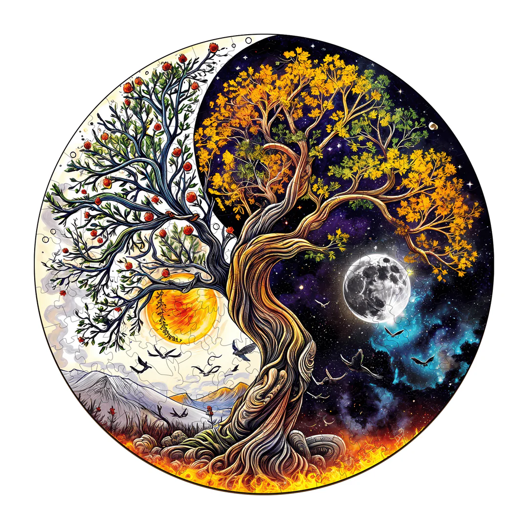 Whimsical Wooden Jigsaw Puzzle- sun and moon tree of life