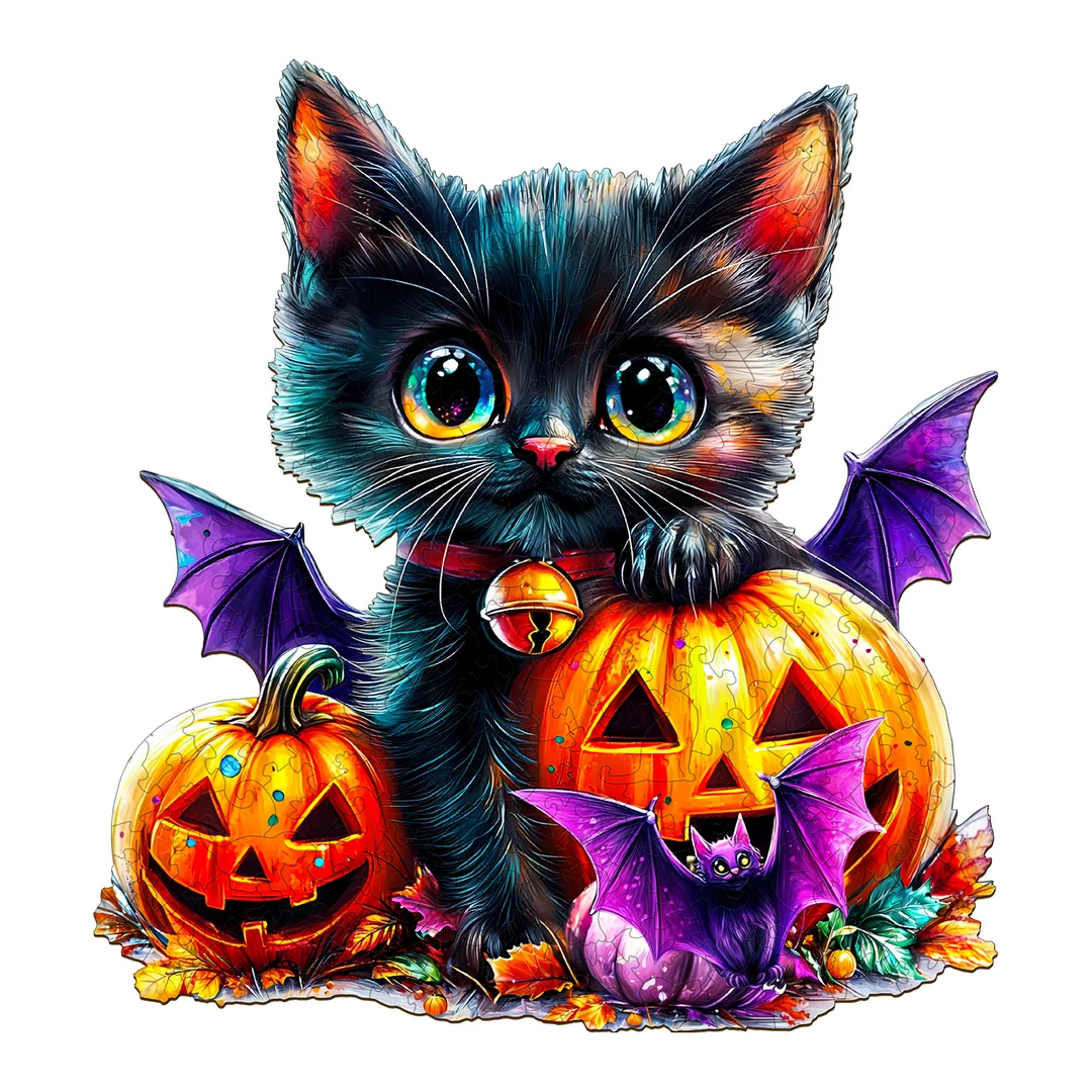 Whimsical Wooden Jigsaw Puzzle- pumpkin and cat
