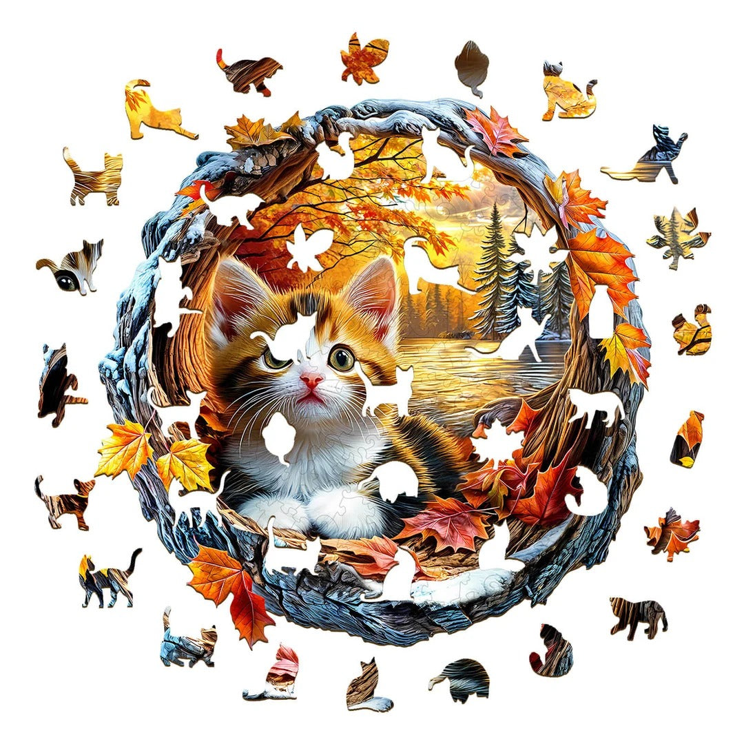 Whimsical Wooden Jigsaw Puzzle- Kitten in autumn Secondary image