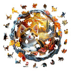 Whimsical Wooden Jigsaw Puzzle- Kitten in autumn