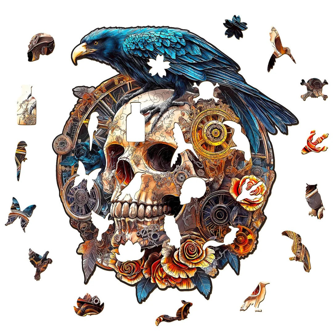 Whimsical Wooden Jigsaw Puzzle-Mechanical Skull & Raven Secondary image