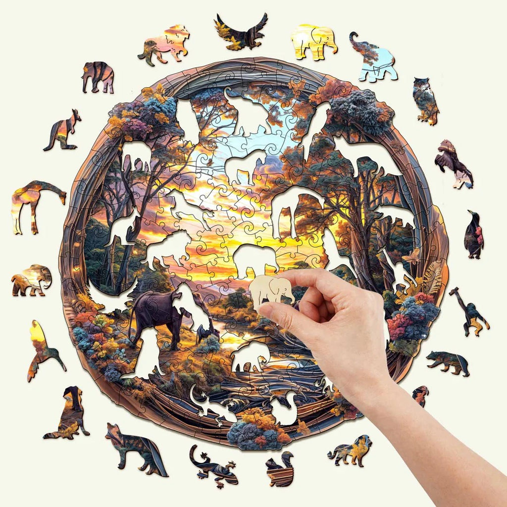 Whimsical Wooden Jigsaw Puzzle- Elephant at sunset-1
