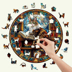 Whimsical Wooden Jigsaw Puzzle- The Maine Cat Library