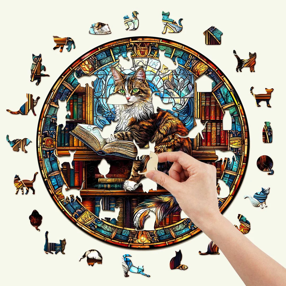 Whimsical Wooden Jigsaw Puzzle- The Maine Cat Library