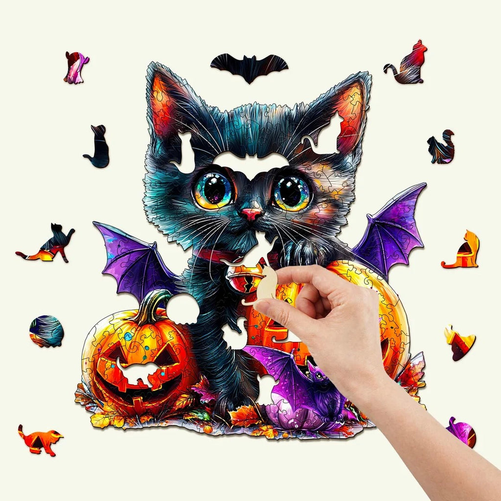 Whimsical Wooden Jigsaw Puzzle- pumpkin and cat