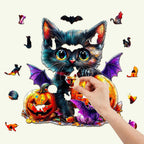 Whimsical Wooden Jigsaw Puzzle- pumpkin and cat