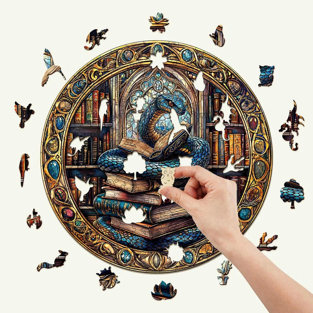 Whimsical Wooden Jigsaw Puzzle- Magic library snake