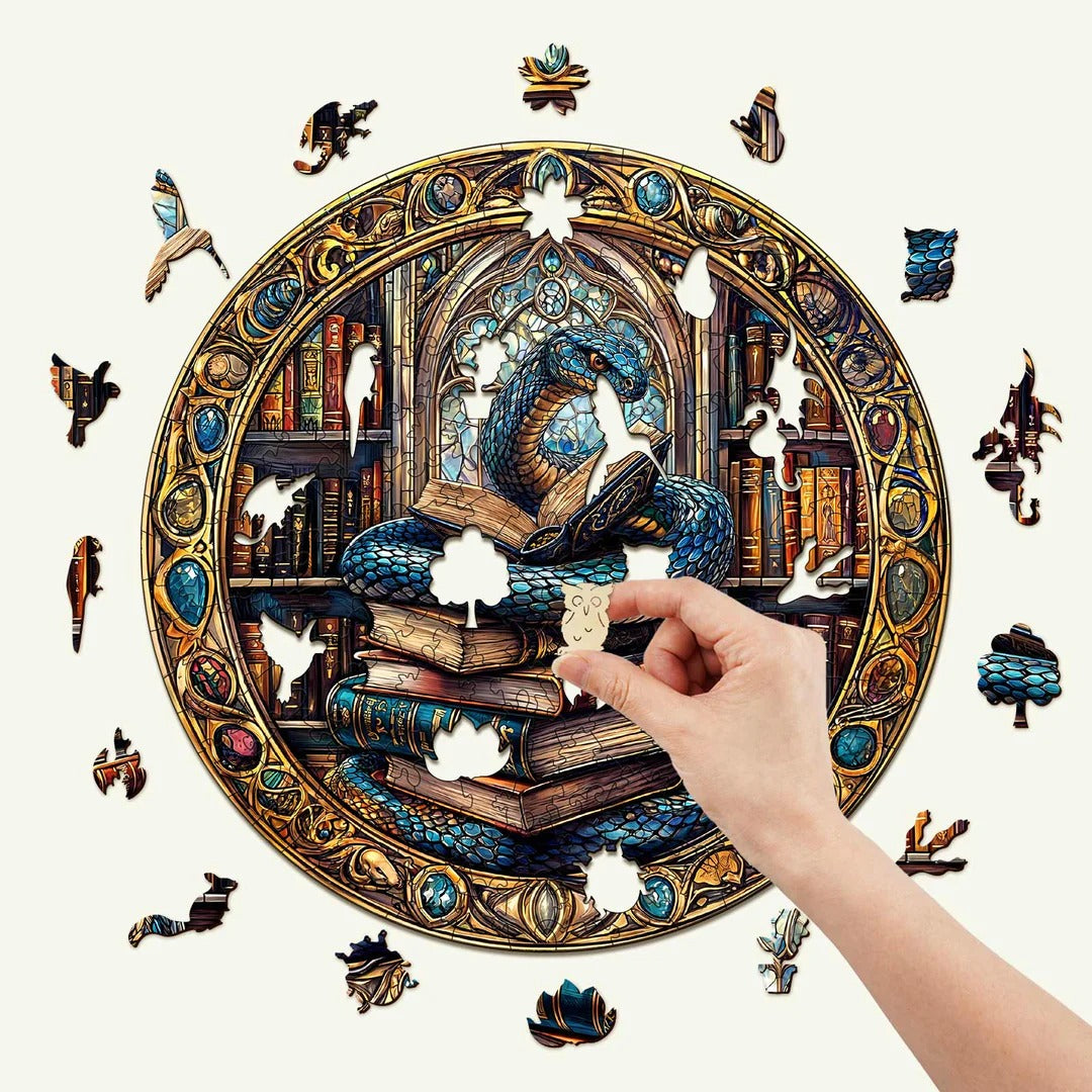 Whimsical Wooden Jigsaw Puzzle- Magic library snake