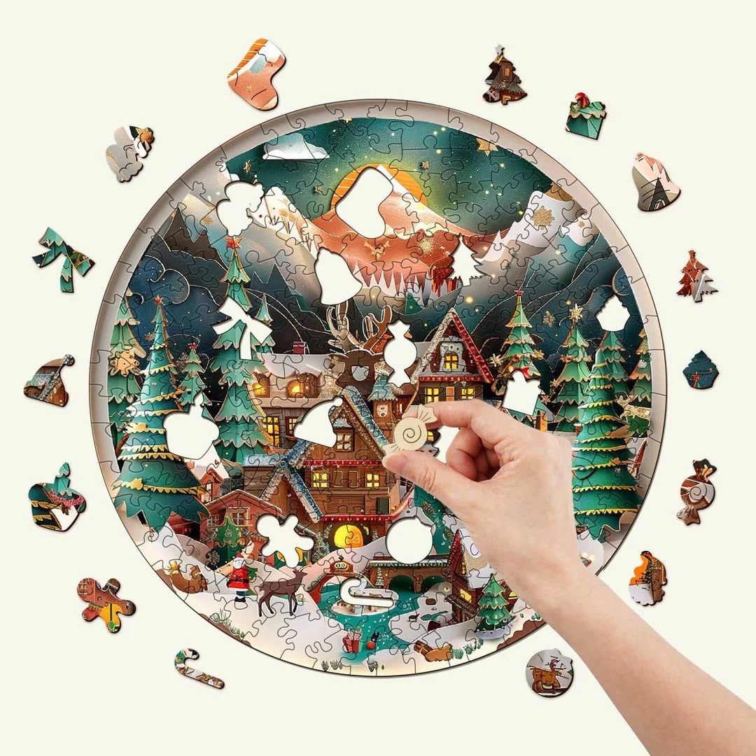 Whimsical Wooden Jigsaw Puzzle- 3D Christmas town