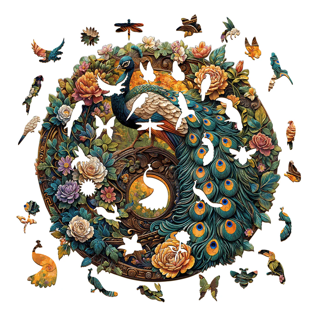Whimsical Wooden Jigsaw Puzzle- Yin Yang Peacock Secondary image