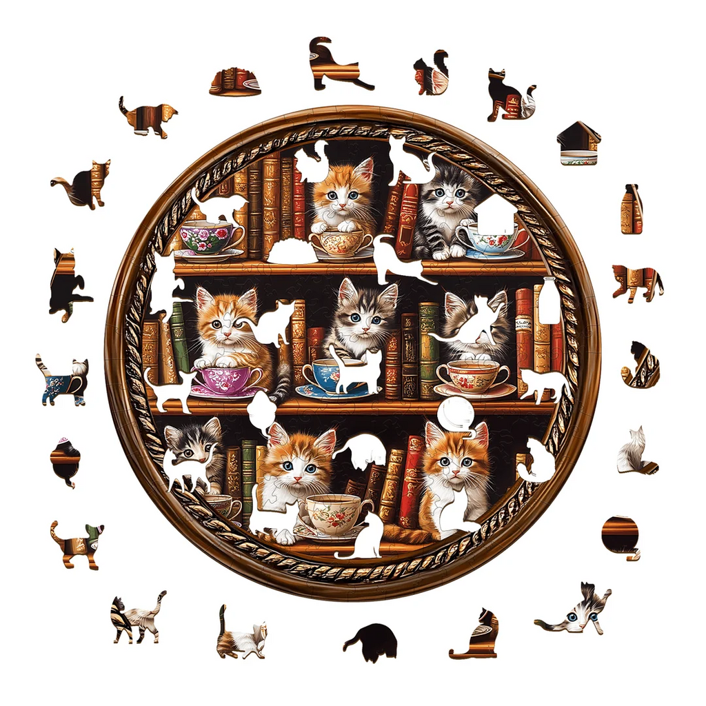 Puzzle en bois fantaisiste - Bibliothèque café pour chats