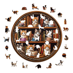Puzzle en bois fantaisiste - Bibliothèque café pour chats