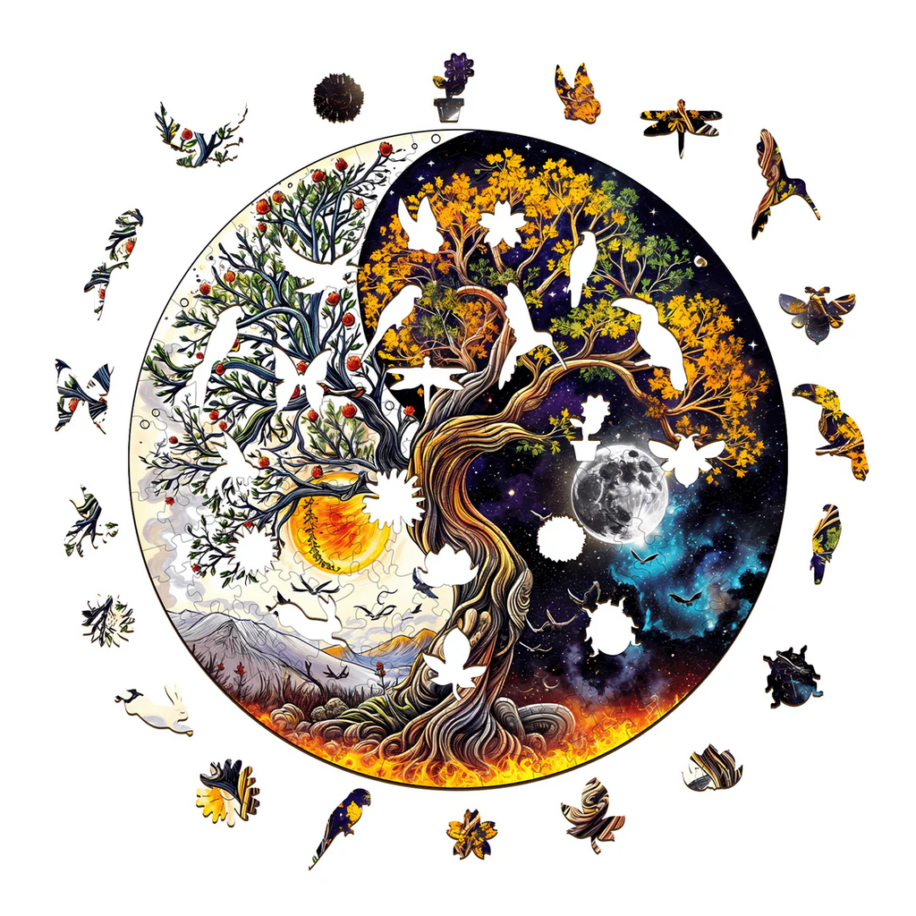 Whimsical Wooden Jigsaw Puzzle- sun and moon tree of life
