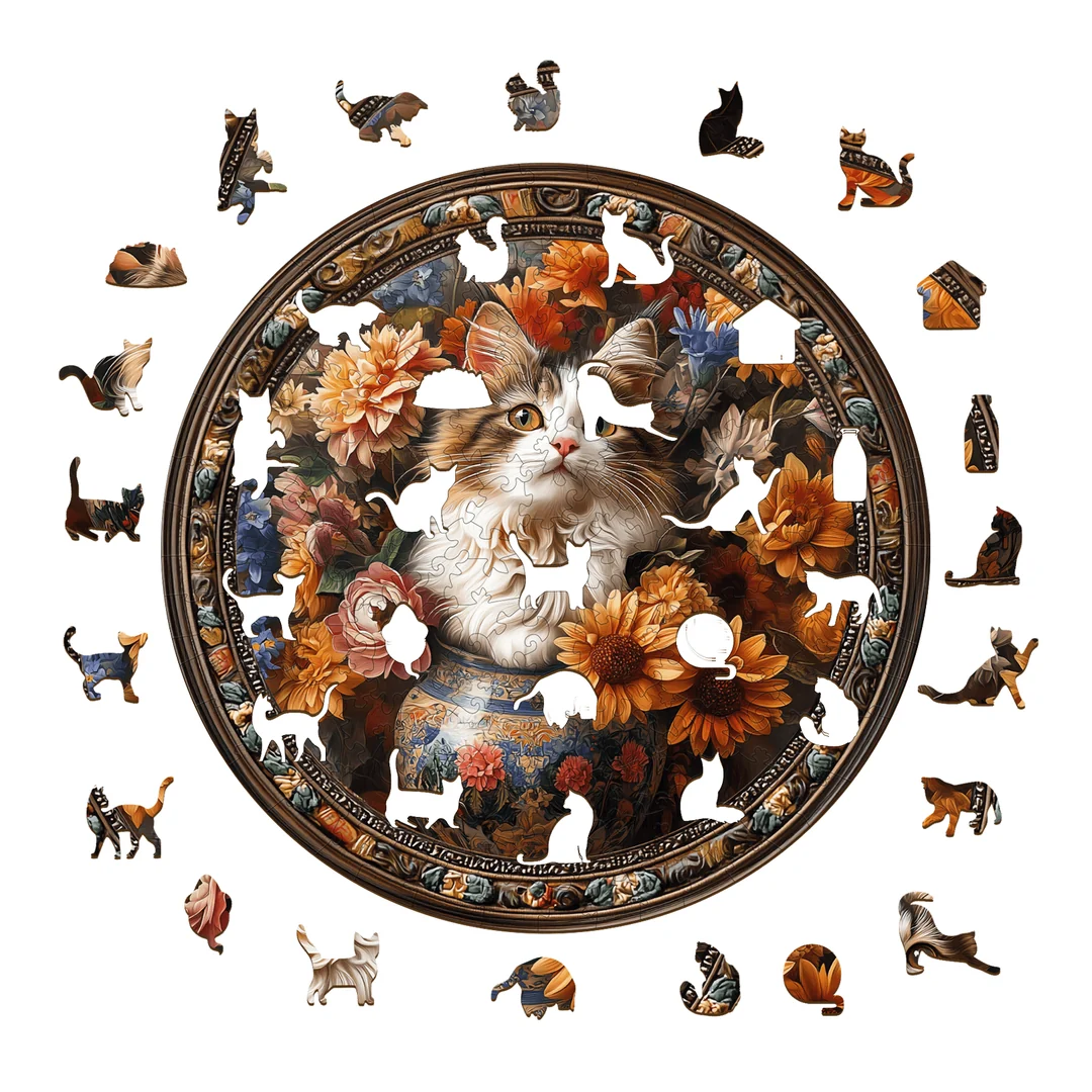 Whimsical Wooden Jigsaw Puzzle- Beautiful tricolor cat Secondary image