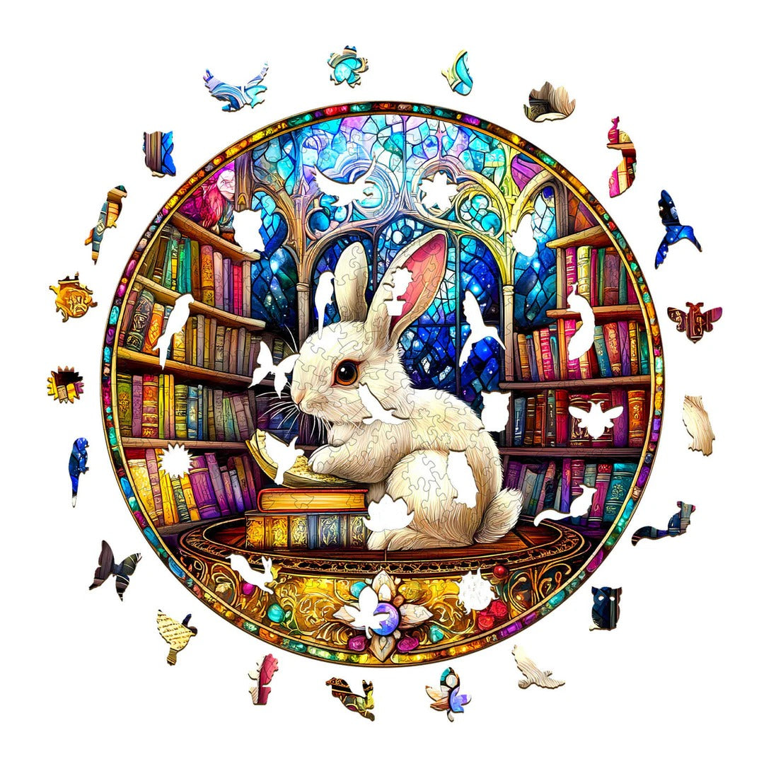 Whimsical Wooden Jigsaw Puzzle- Library Rabbit