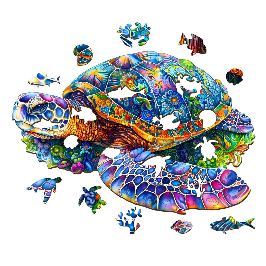 Whimsical Wooden Jigsaw Puzzle-fantasy turtle