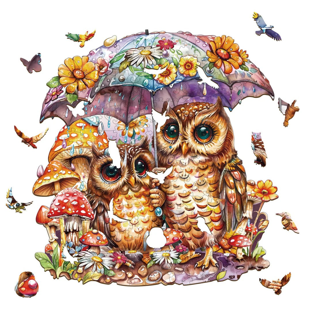Whimsical Wooden Jigsaw Puzzle- Umbrella Owls