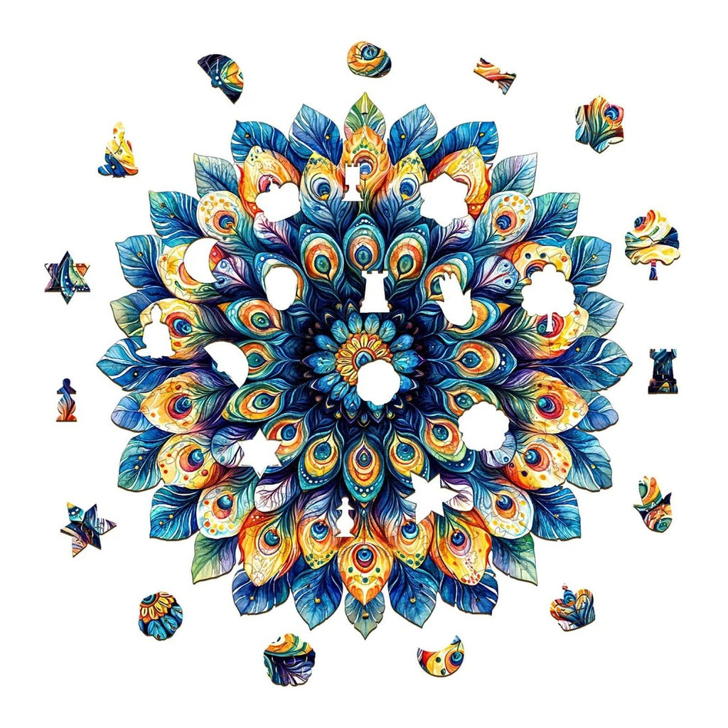 Whimsical Wooden Jigsaw Puzzle- Peacock Feather Mandala