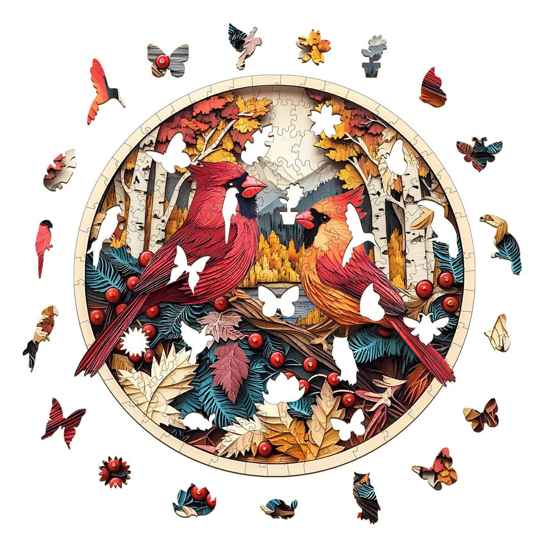 Whimsical Wooden Jigsaw Puzzle-Autumn Cardinal Secondary image