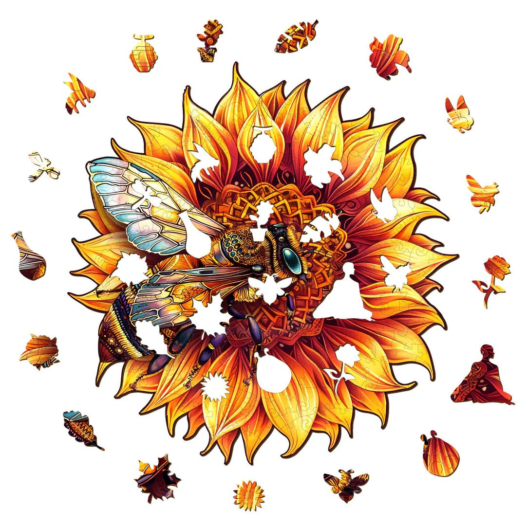 Whimsical Wooden Jigsaw Puzzle-Bee and Sunflower
