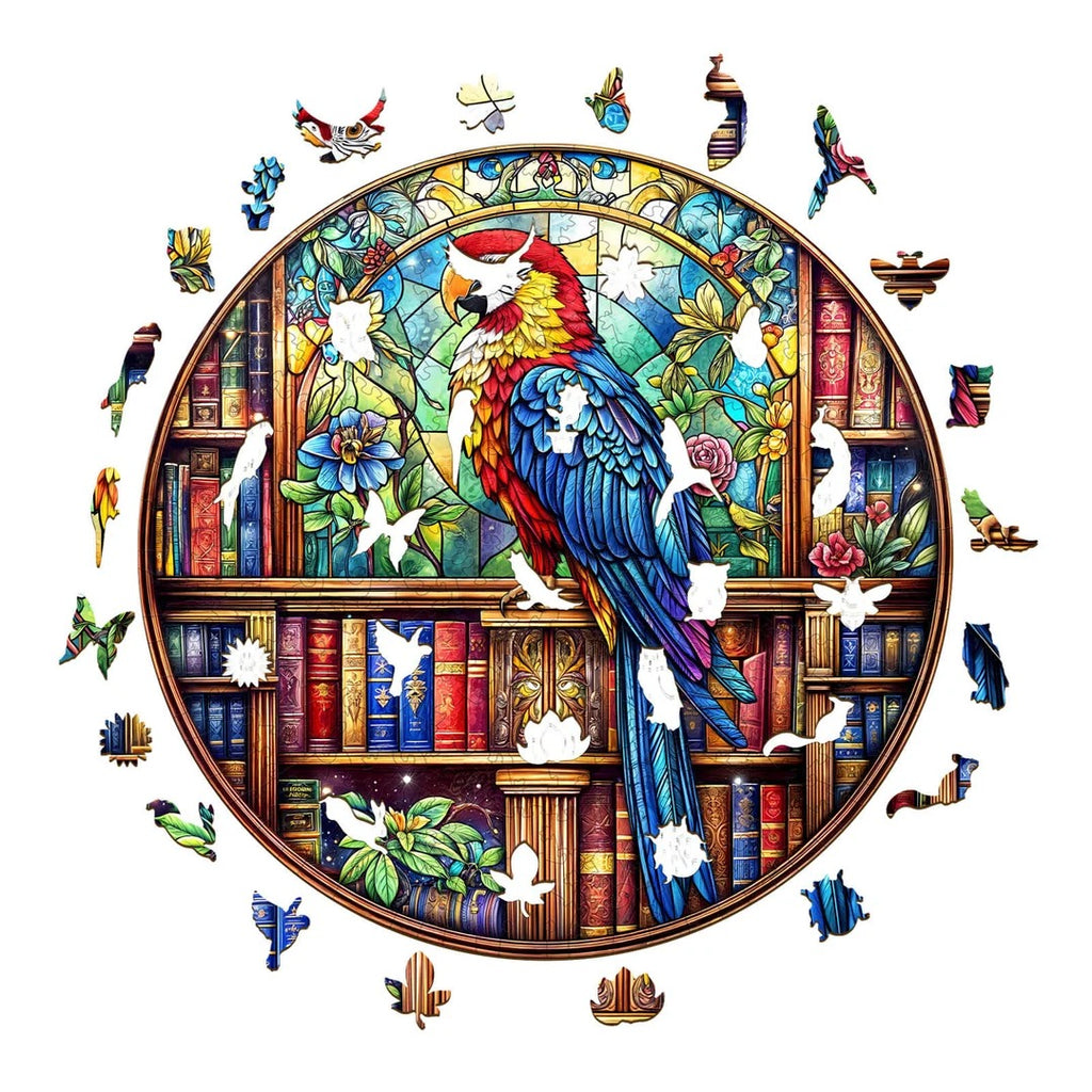 Whimsical Wooden Jigsaw Puzzle- library parrot