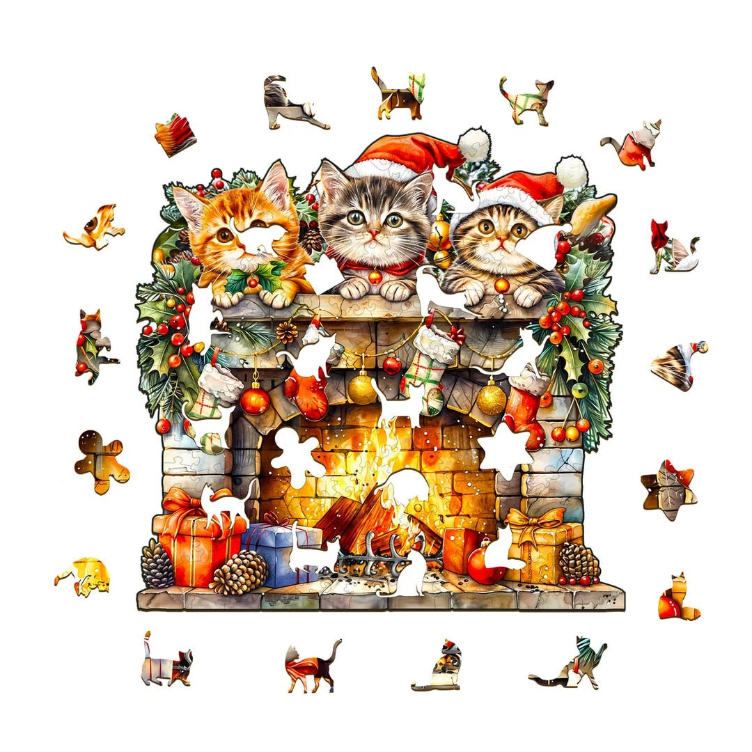 Whimsical Wooden Jigsaw Puzzle- fireplace kitten