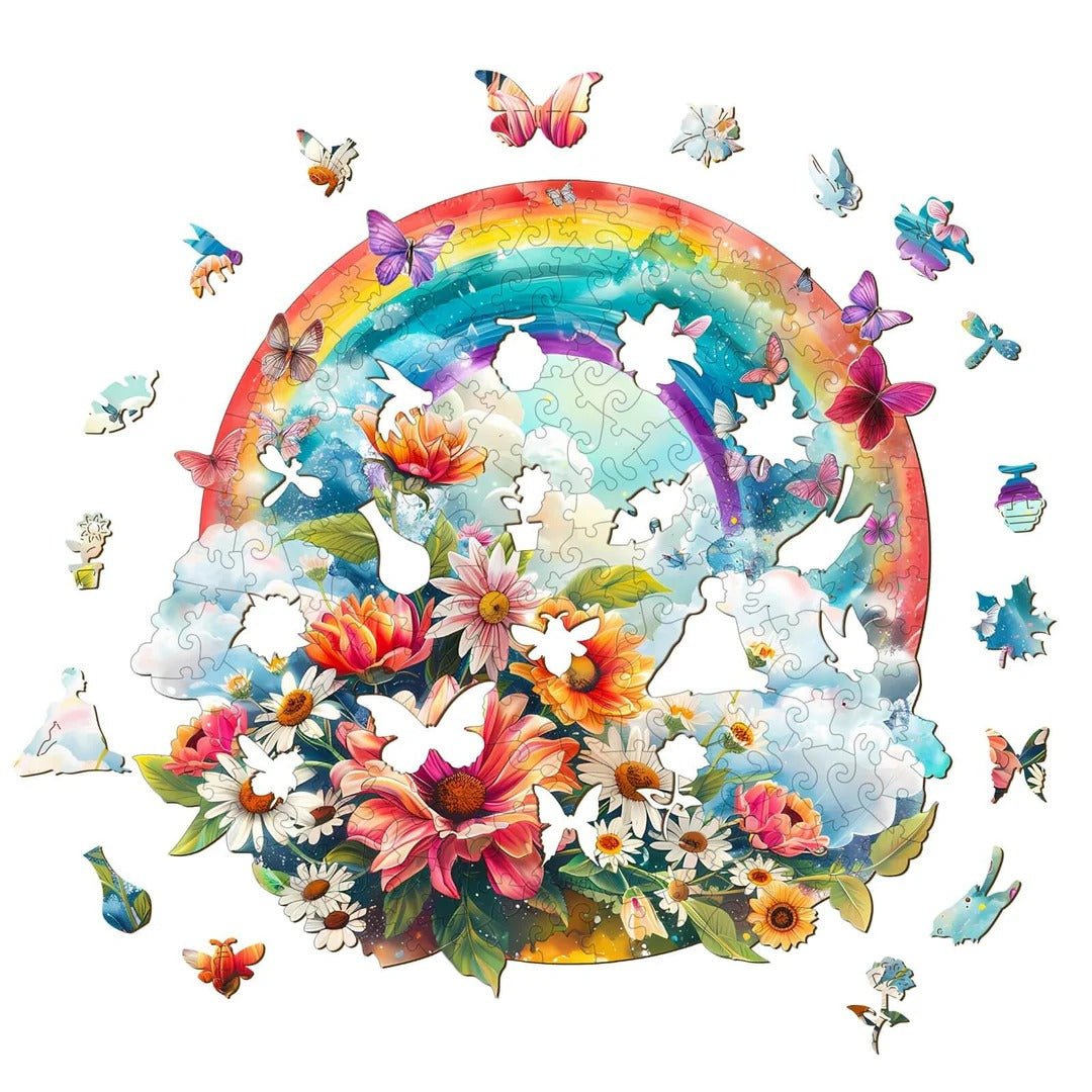 Whimsical Wooden Jigsaw Puzzle-Rainbow and Flowers Secondary image
