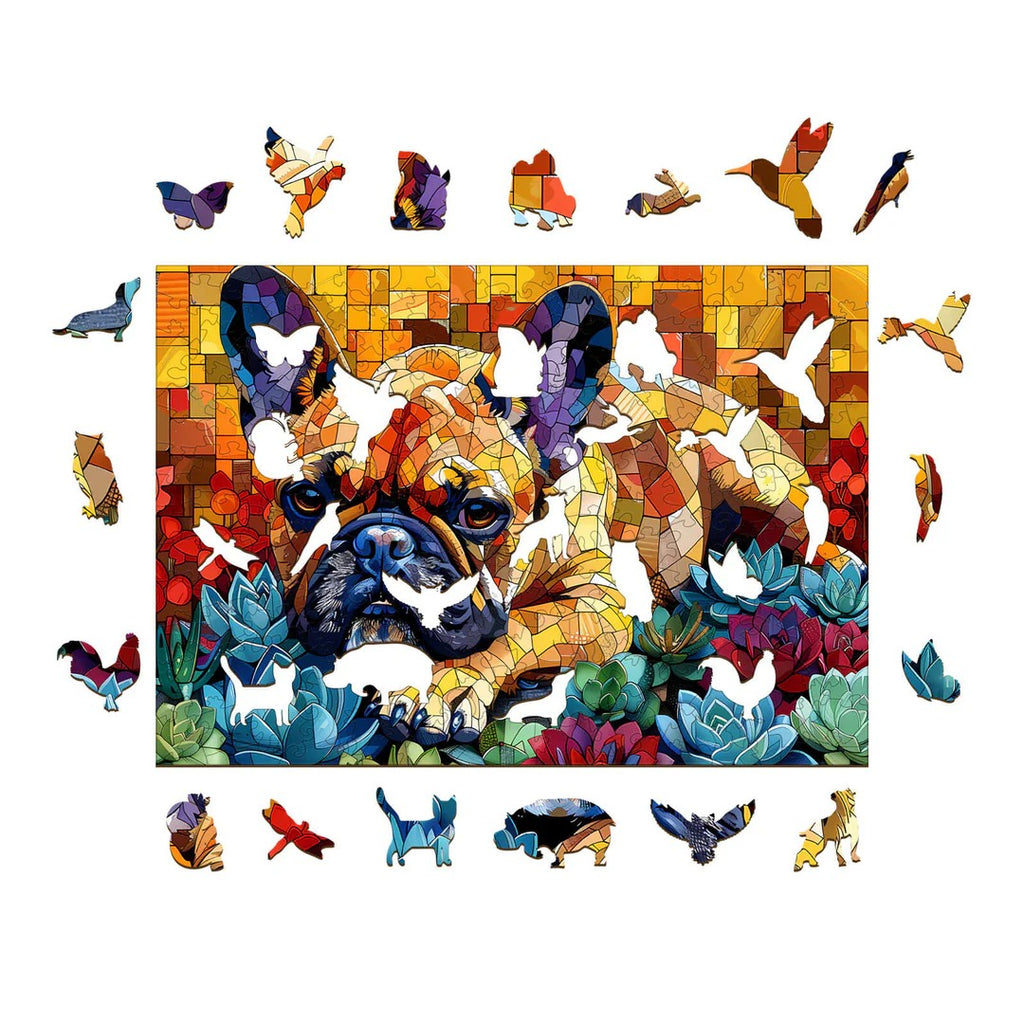 Whimsical Wooden Jigsaw Puzzle- Stained glass bulldog