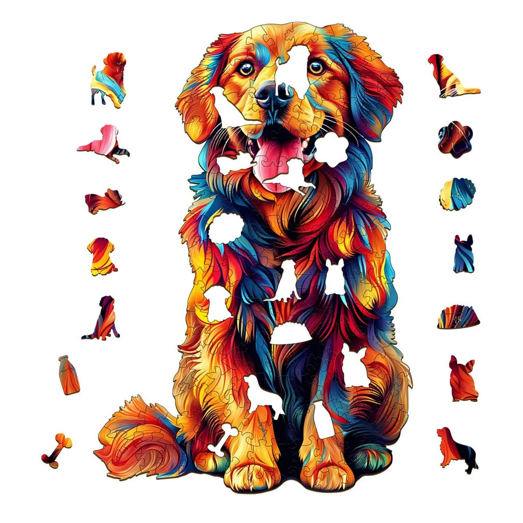 Whimsical Wooden Jigsaw Puzzle- Colorful golden retriever