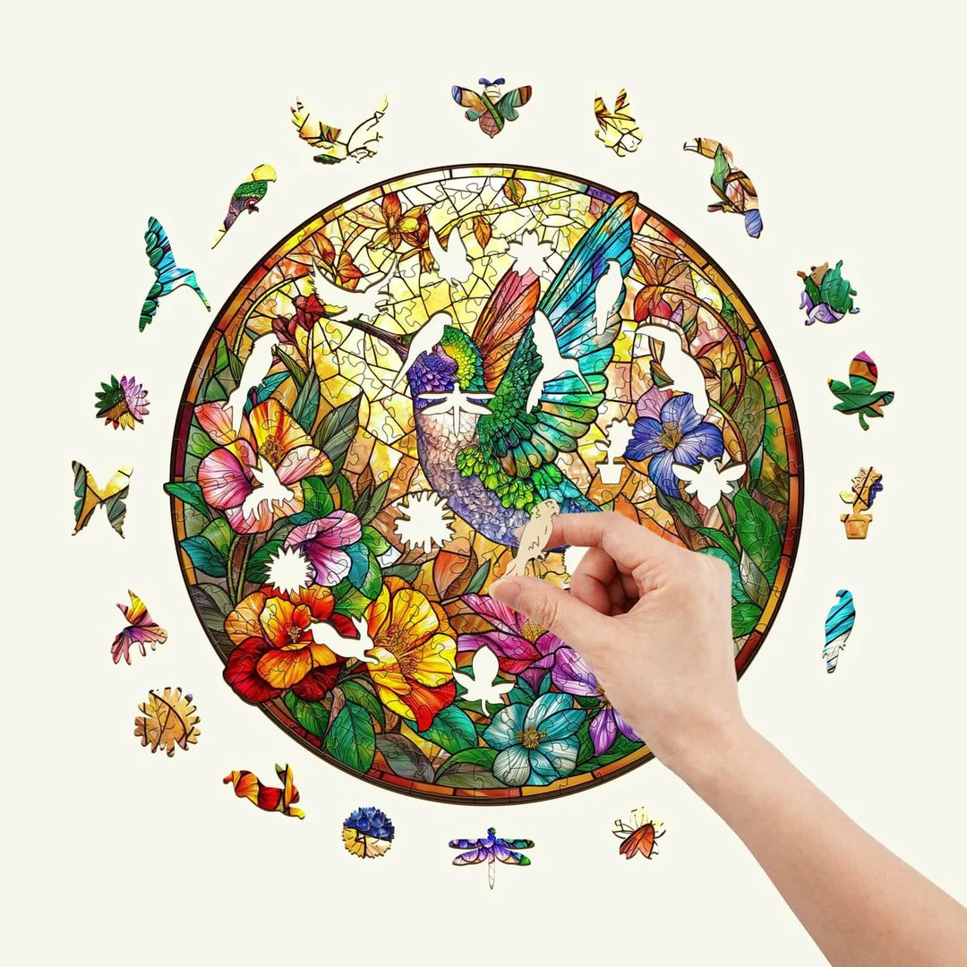 Whimsical Wooden Jigsaw Puzzle-Stained Glass Hummingbird