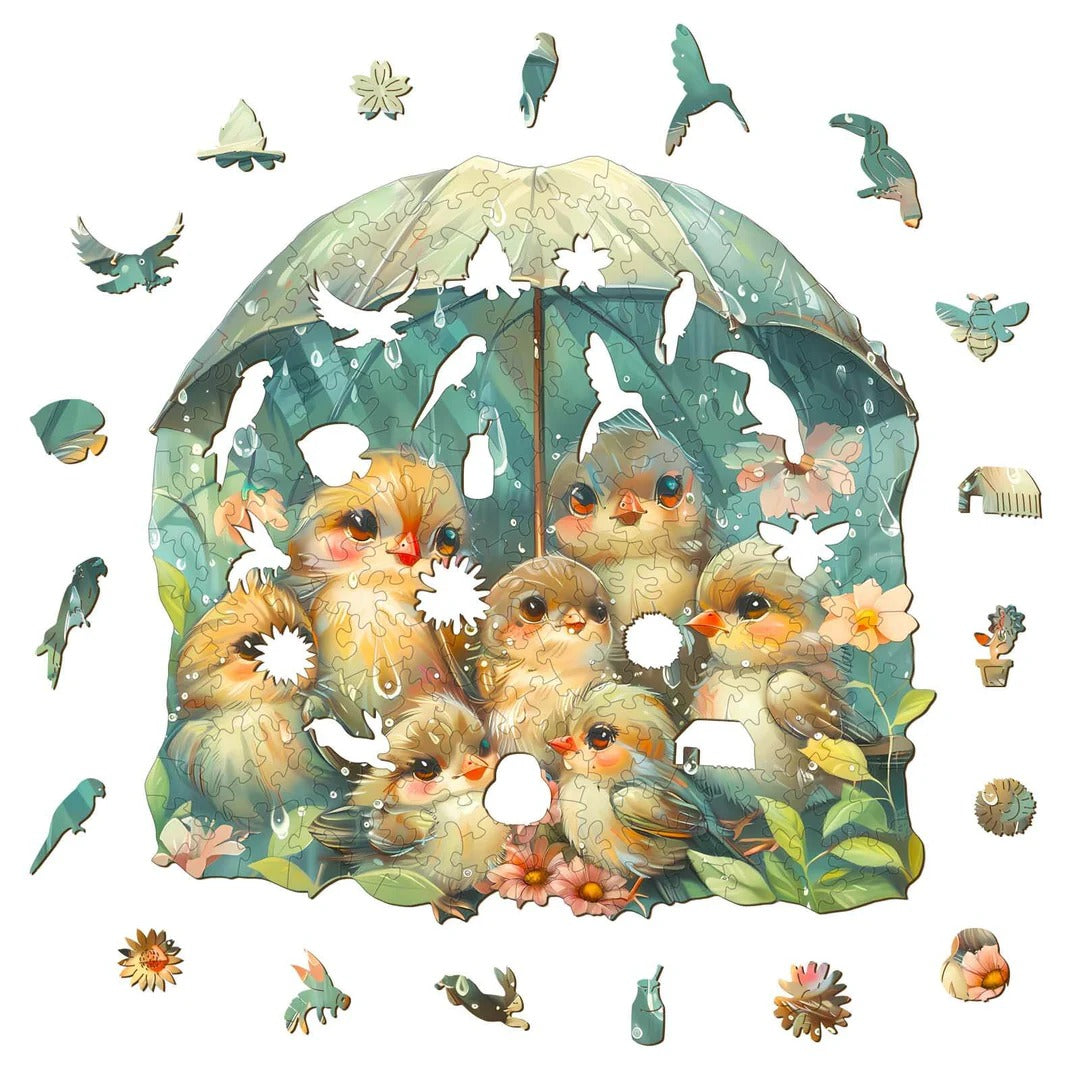 Whimsical Wooden Jigsaw Puzzle- bird holding umbrella