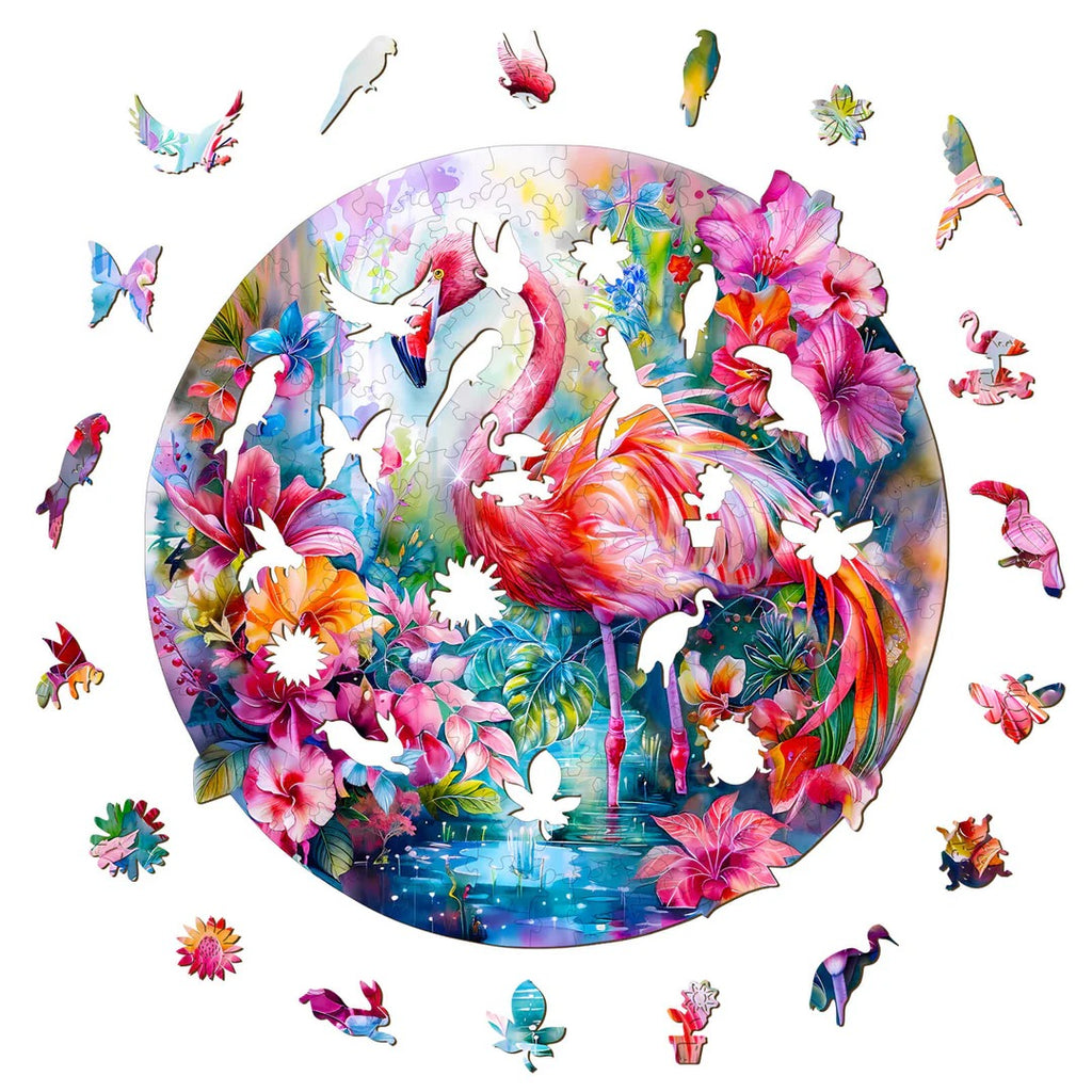 Whimsical Wooden Jigsaw Puzzle-Charming flamingo