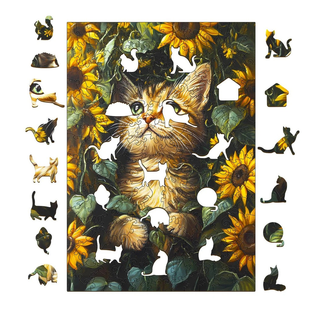 Whimsical Wooden Jigsaw Puzzle- Sunflower and Cat