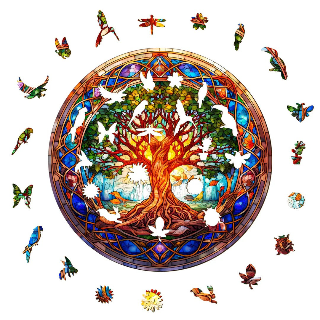 Whimsical Wooden Jigsaw Puzzle-Stained Glass Tree of Life Secondary image